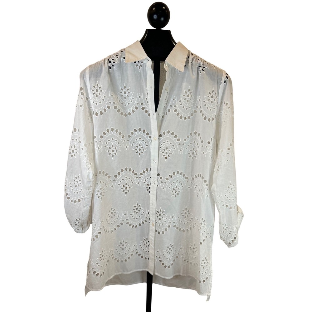 Adiva White Eyelet Cotton Button Down Shirt Size L